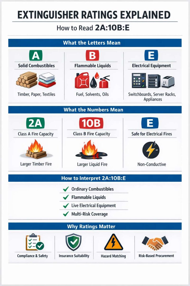 Extinguisher Ratings Explained (e.g., 2A:10B:E): How to Read the Label